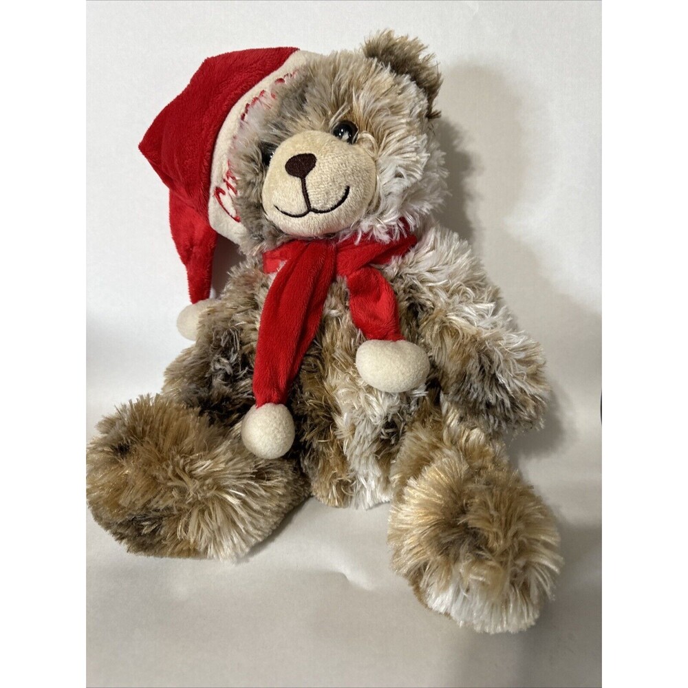 Dan Dee Cinnamon Bear Sitting 13" Brown Teddy Christmas Red Santa Hat Scarf